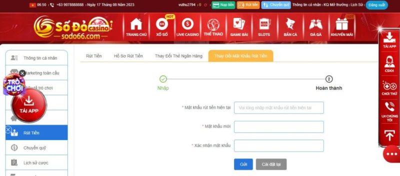 Cài Đặt Mật Khẩu Rút Tiền Sodo66